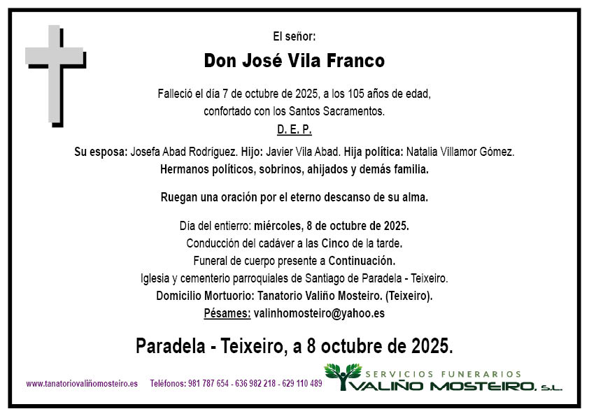Esquela de José Vila Franco.