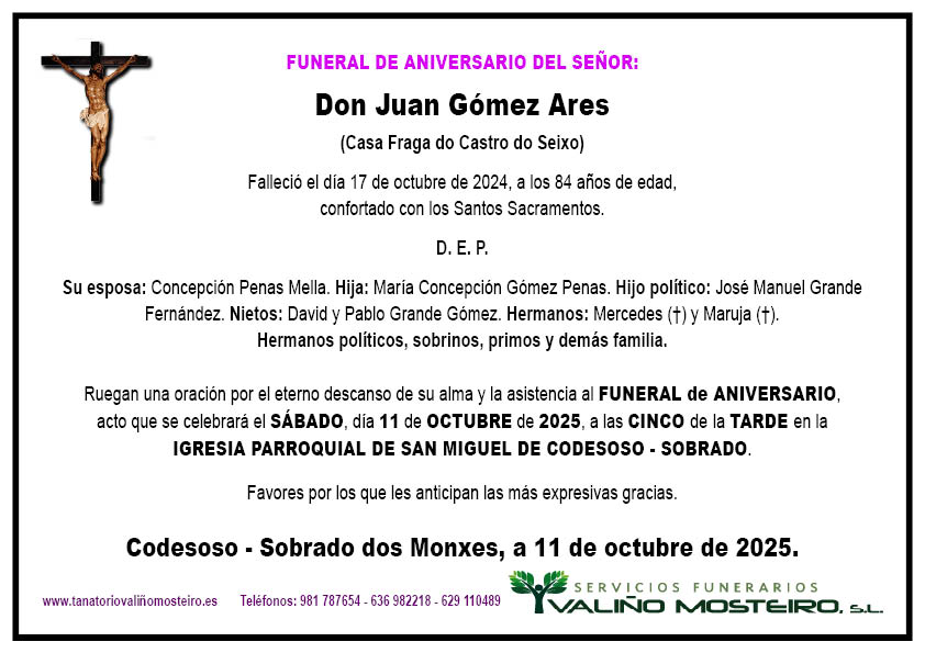 Esquela de Juan Gómez Ares.