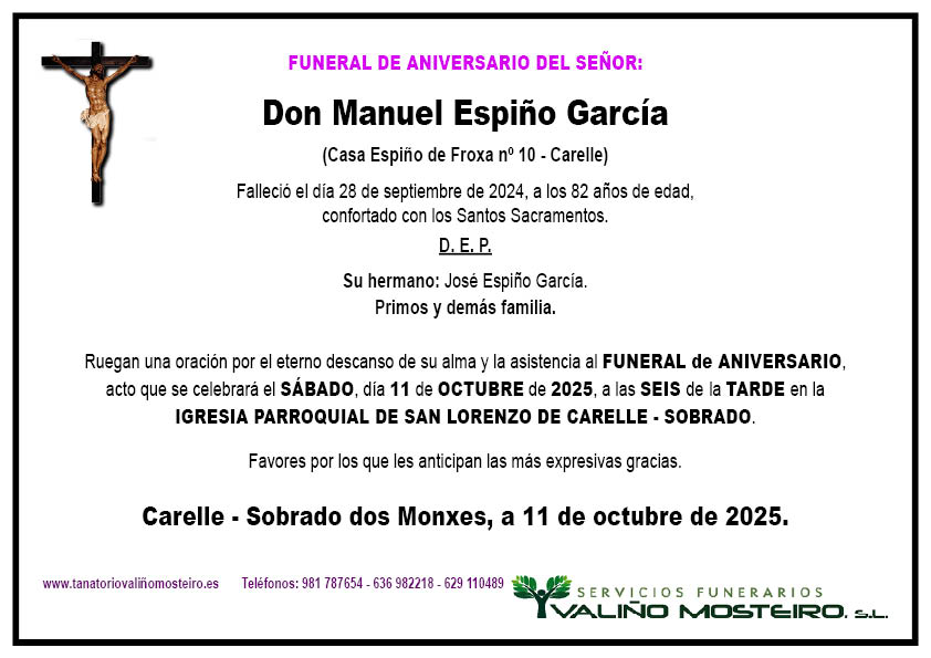 Esquela de Manuel Espiño García.