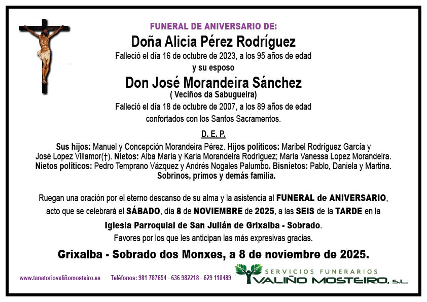 Esquela de Alicia Pérez Rodríguez y su esposo José Morandeira Sánchez.