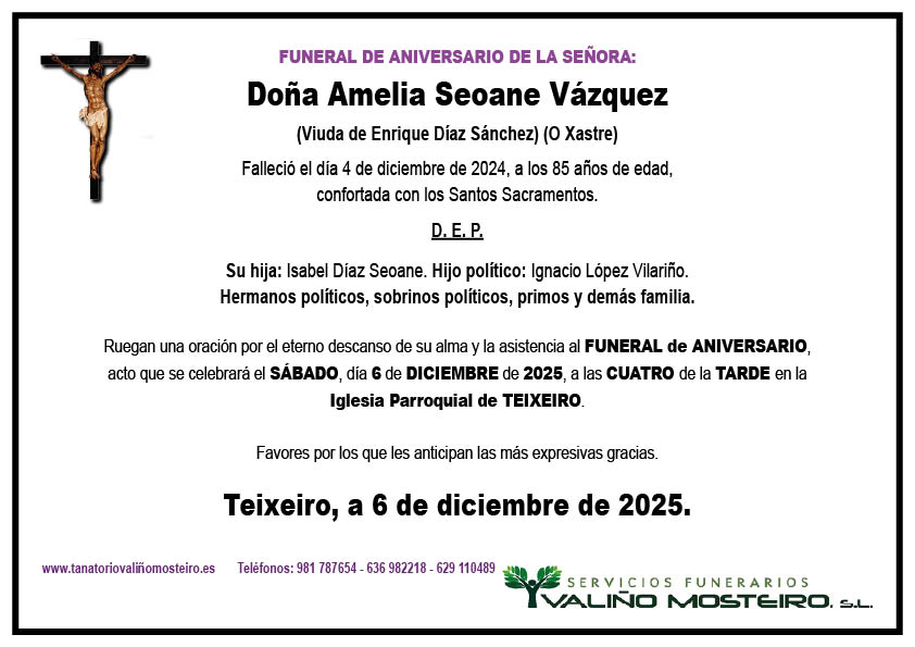 Esquela de Amelia Seoane Vázquez.