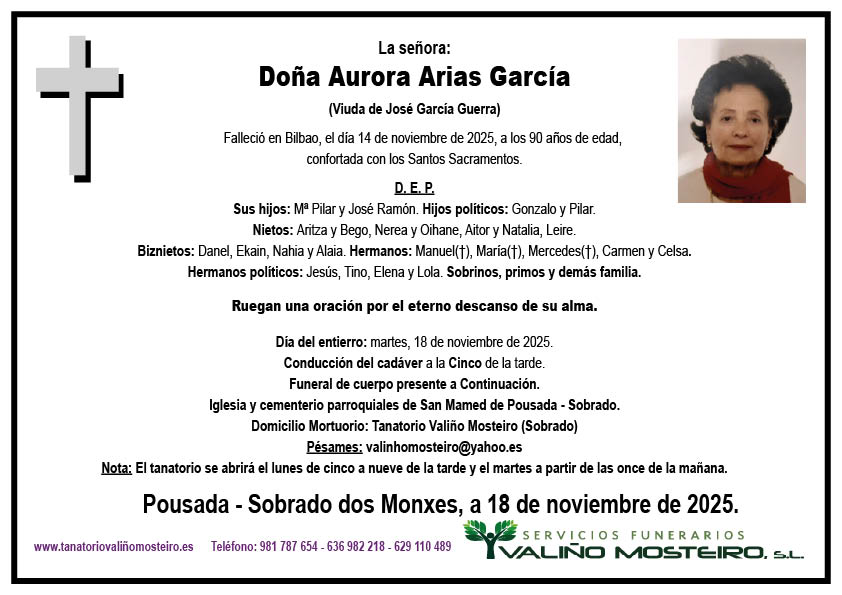 Esquela de Aurora Arias García.