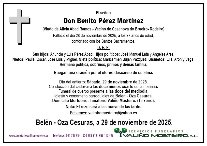 Esquela de Benito Pérez Martínez.