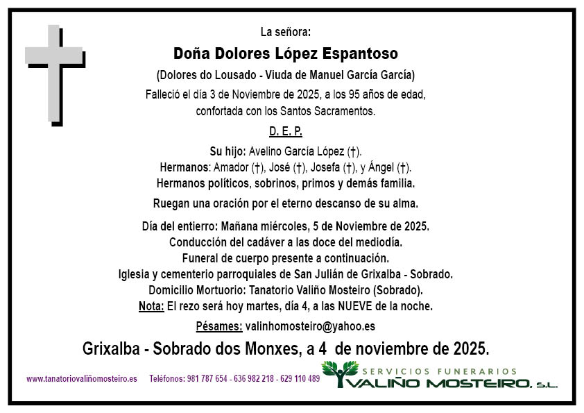 Esquela de Dolores López Espantoso.
