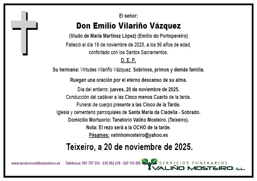 Esquela de Emilio Vilariño Vázquez.
