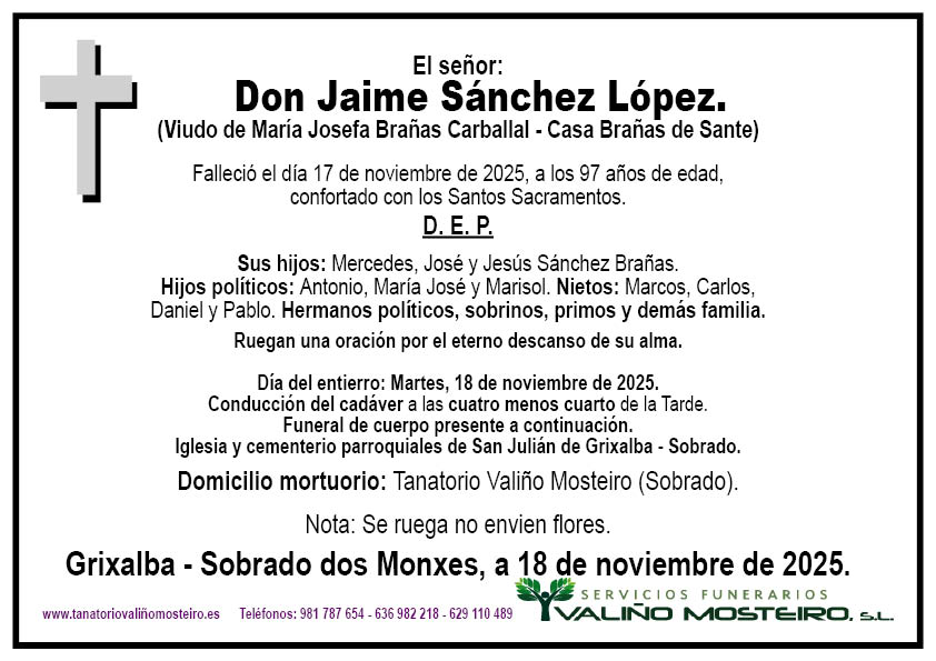 Esquela de Jaime Sánchez López.