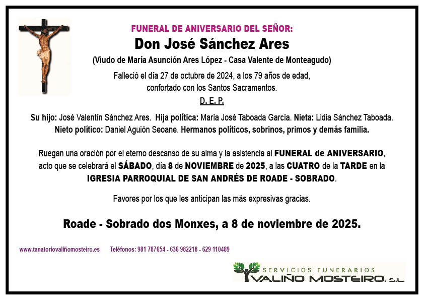 Esquela de José Sánchez Ares.