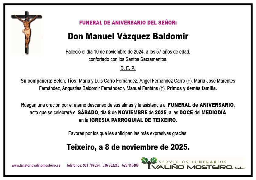 Esquela de Manuel Vázquez Baldomir.