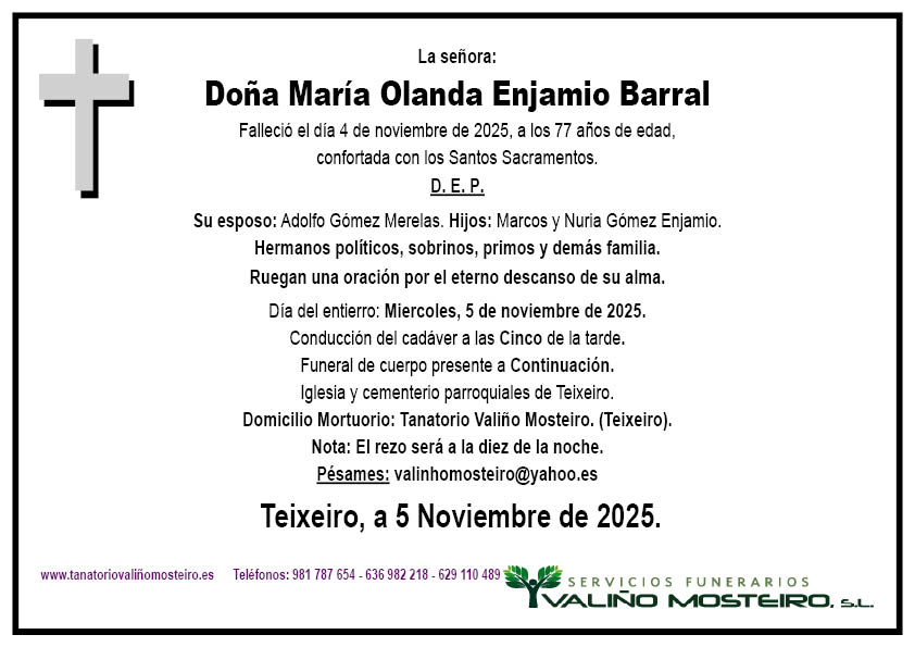 Esquela de María Olanda Enjamio Barral.