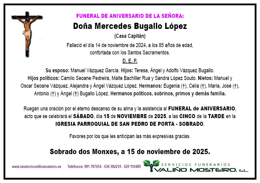Esquela de Mercedes Bugallo López.