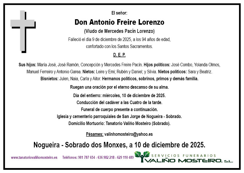 Esquela de Antonio Freire Lorenzo.