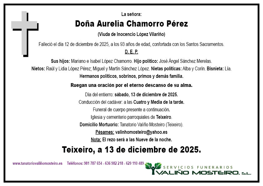 Esquela de Aurelia Chamorro Pérez.