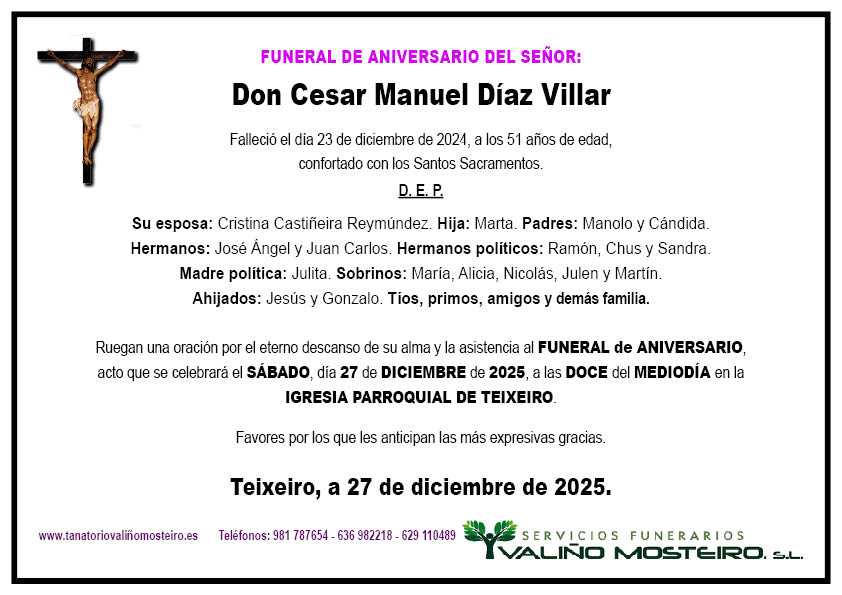Esquela de Cesar Manuel Díaz Villar.