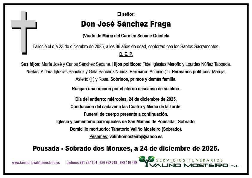 Esquela de José Sánchez Fraga.