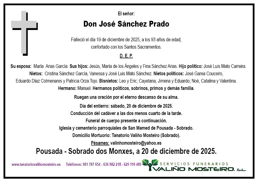 Esquela de José Sánchez Prado.
