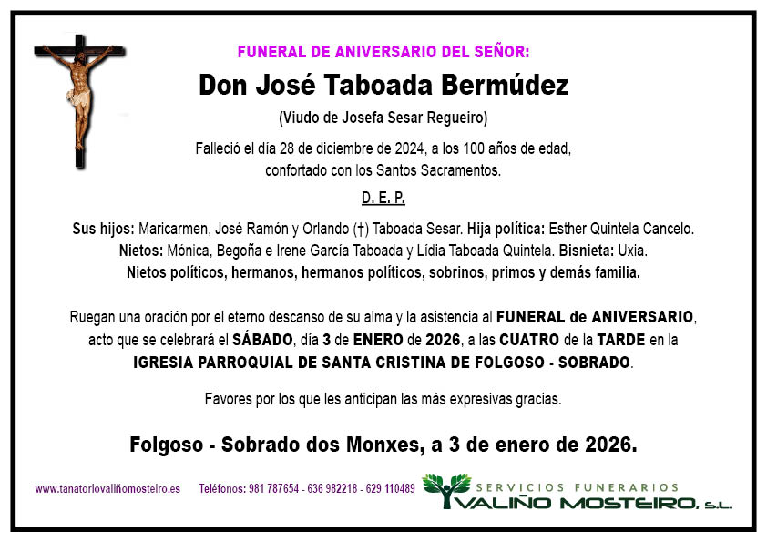 Esquela de José Taboada Bermúdez.