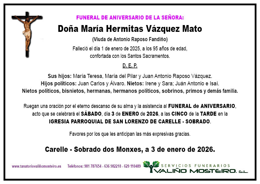 Esquela de María Hermitas Vázquez Mato.
