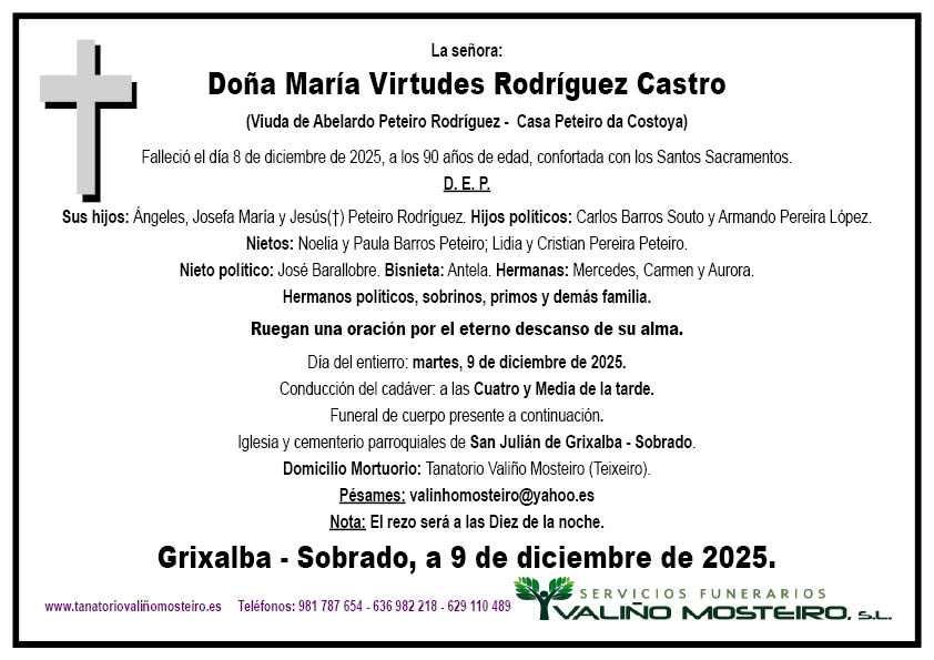 Esquela de María Virtudes Rodríguez Castro.