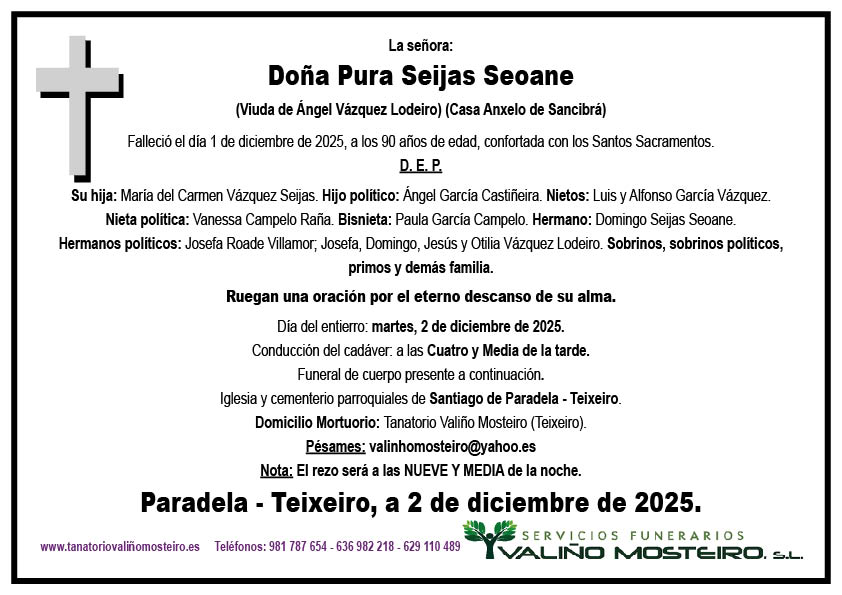 Esquela de Pura Seijas Seoane.