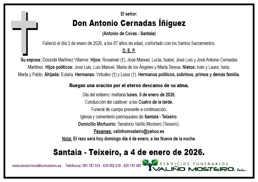 Esquela de Antonio Cernadas Íñiguez.