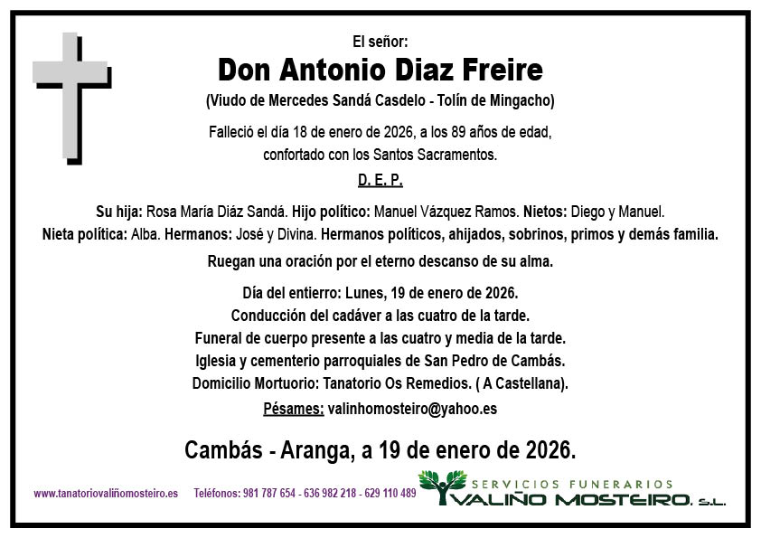 Esquela de Antonio Diaz Freire.