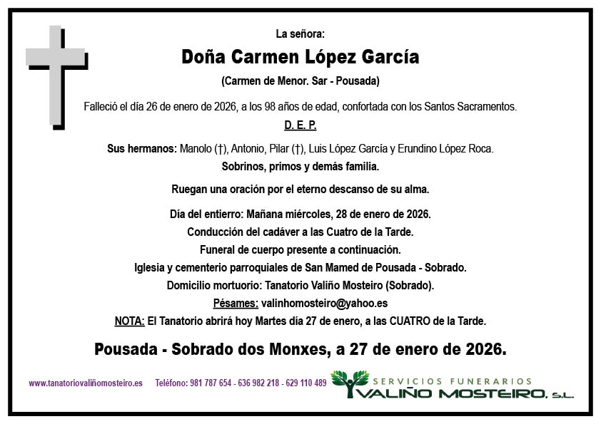 Esquela de Carmen López García.
