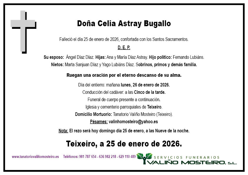 Esquela de Celia Astray Bugallo.