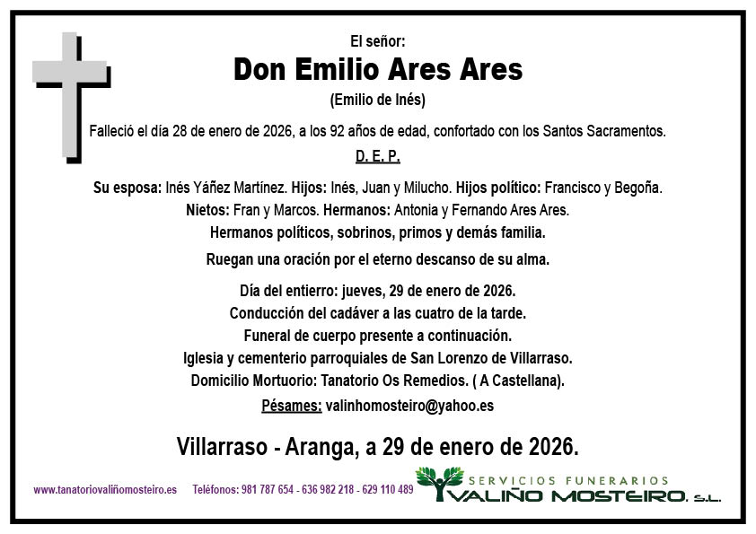 Esquela de Emilio Ares Ares.