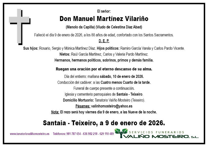 Esquela de Manuel Martínez Vilariño.