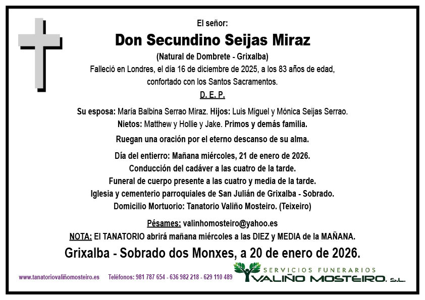 Esquela de Secundino Seijas Miraz.