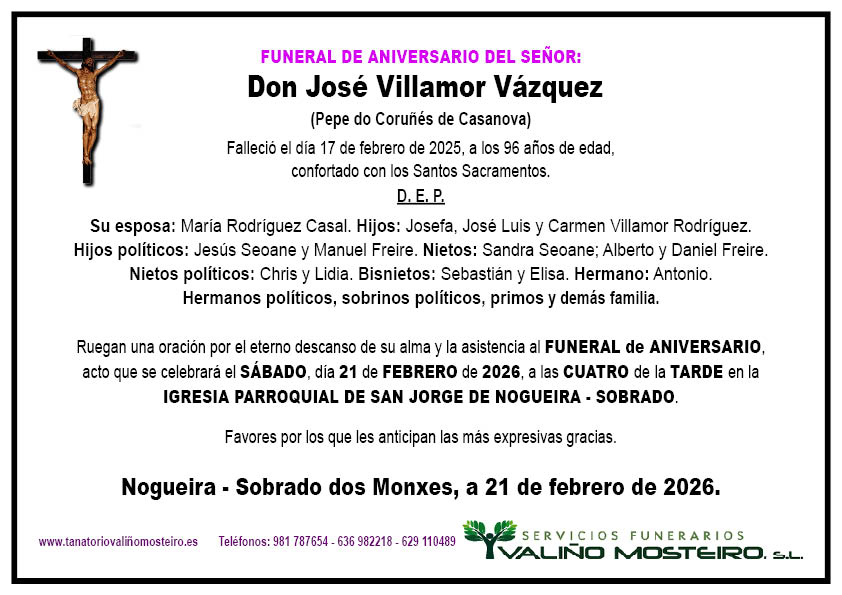 Esquela de José Villamor Vázquez.