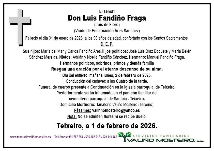 Esquela de Luis Fandiño Fraga.