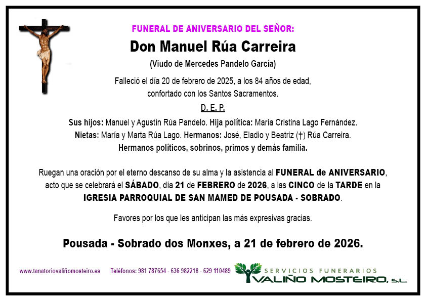 Esquela de Manuel Rua Carreira.