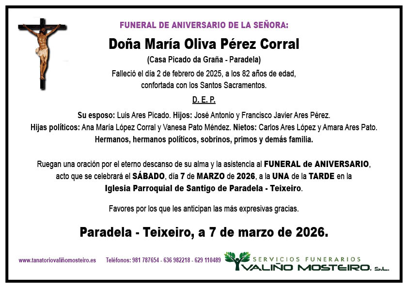 Esquela de María Oliva Pérez Corral.