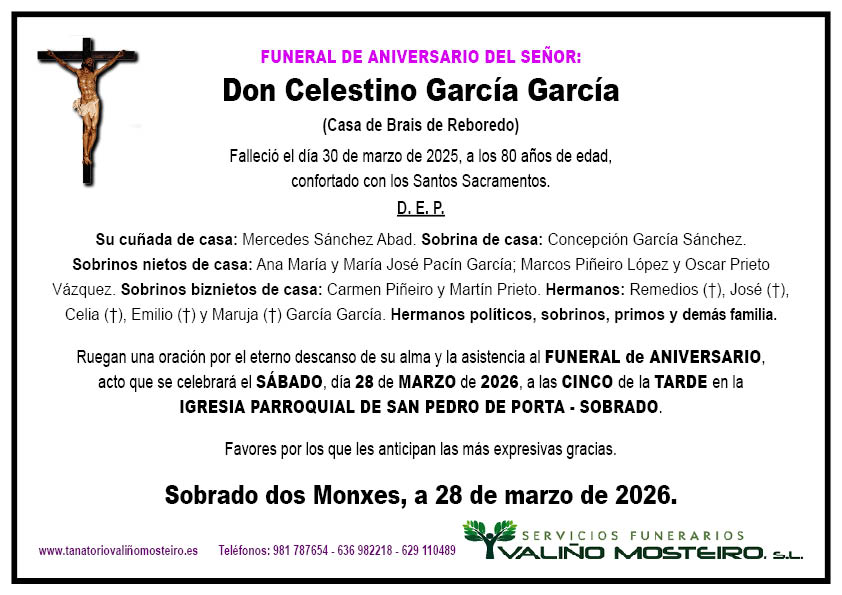 Esquela de Celestino García García.