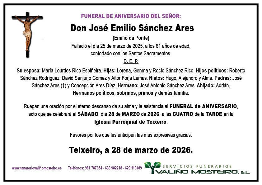 Esquela de José Emilio Sánchez Ares.