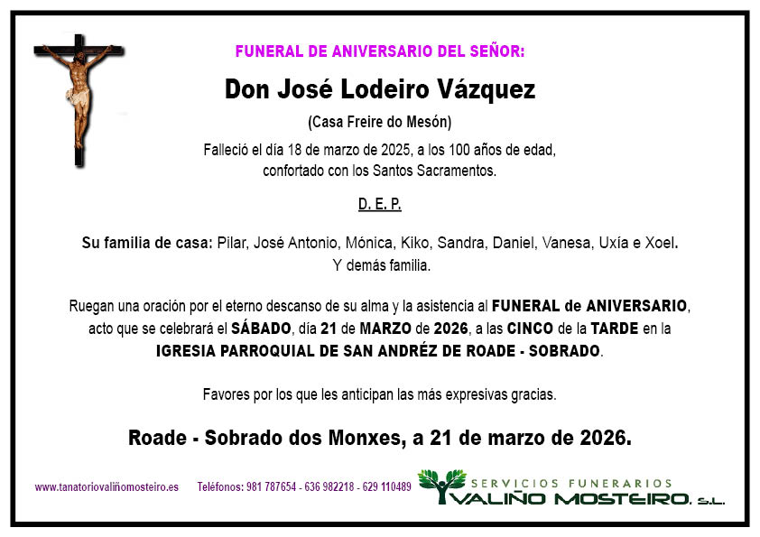 Esquela de José Lodeiro Vázquez.