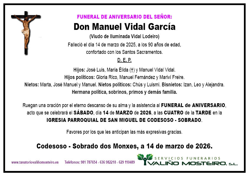 Esquela de Manuel Vidal García.