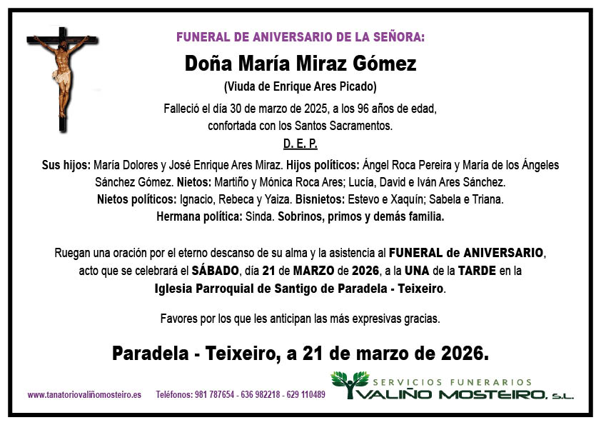 Esquela de María Miraz Gómez.