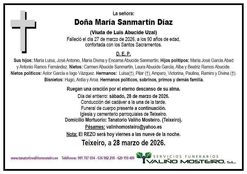 Esquela de María Sanmartín Díaz.