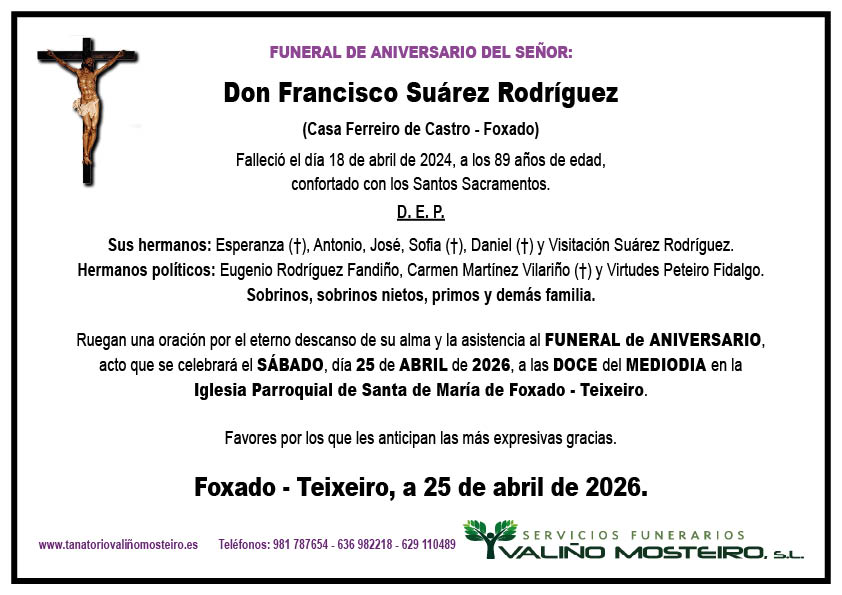 Esquela de Francisco Suárez Rodríguez.