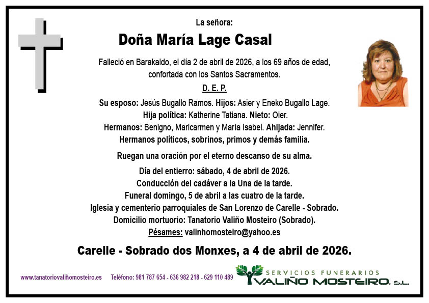 Esquela de María Lage Casal.