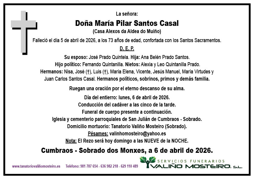 Esquela de María Pilar Santos Casal.