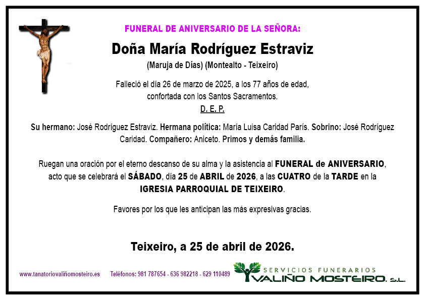 Esquela de María Rodríguez Estraviz.