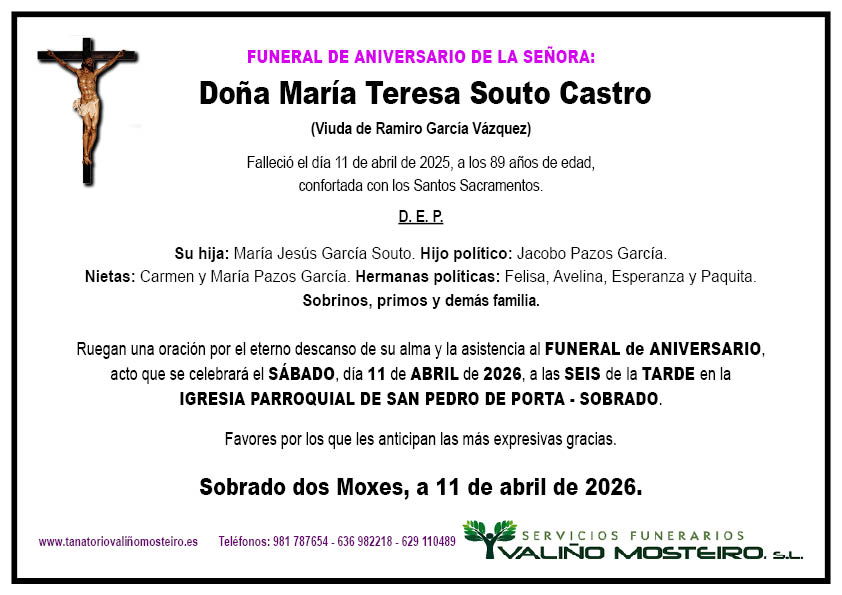 Esquela de María Teresa Souto Castro.