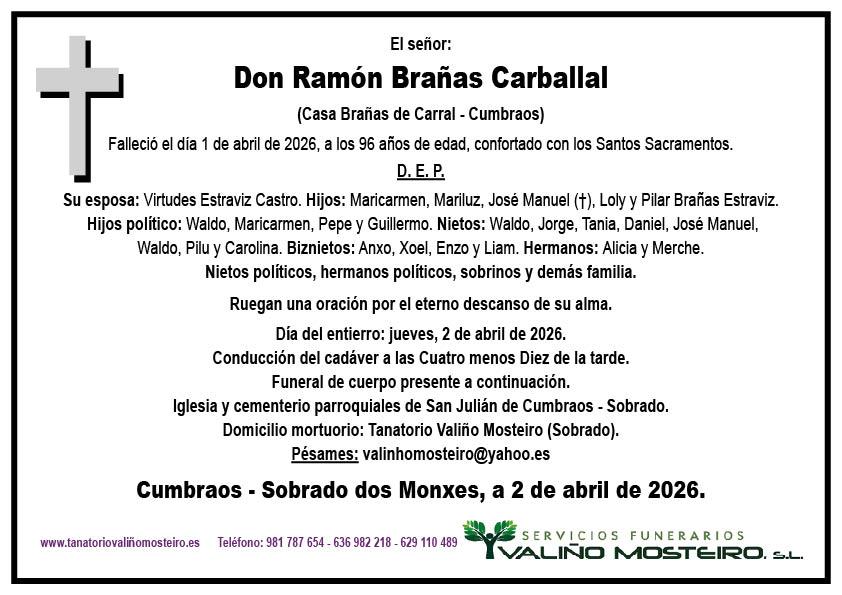 Esquela de Ramón Brañas Carballal.