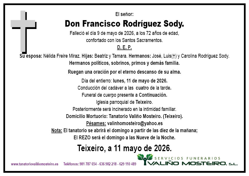 Esquela de Francisco Rodríguez Sody.