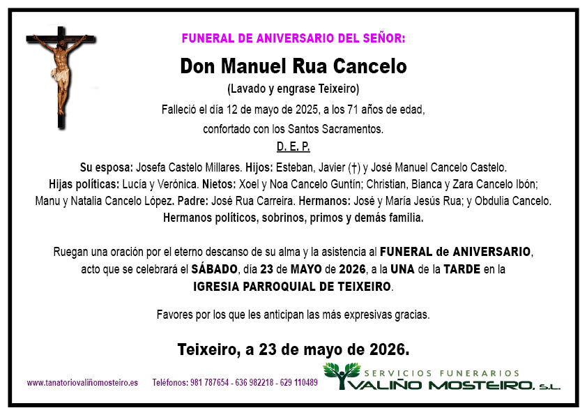 Esquela de Manuel Rua Cancelo.