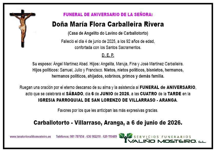 Esquela de María Flora Carballeira Rivera.