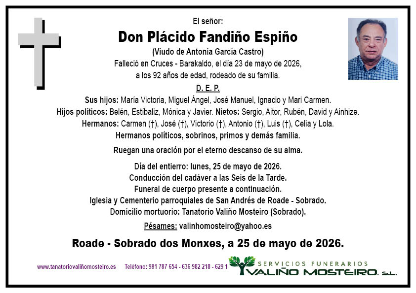 Esquela de Plácido Fandiño Espiño.
